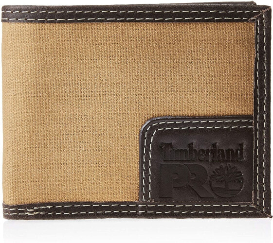 Мужской портмоне кожаный коричневый горизонтальный без застежки Timberland PRO Men's Canvas Leather RFID Billfold Wallet with Back Id Window