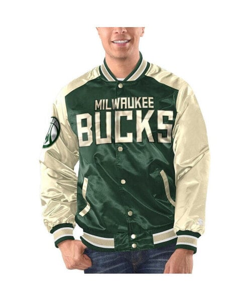 Men's Hunter Green, Cream Milwaukee Bucks Renegade Satin Full-Snap Varsity Jacket