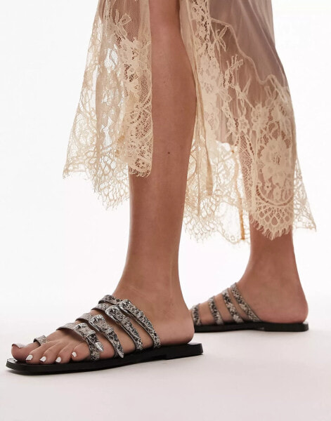 Topshop Keira leather western buckle sandals in brown snake