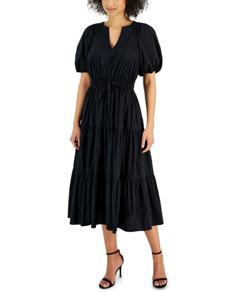 Women's Poplin Tiered Puff-Sleeve Midi Dress