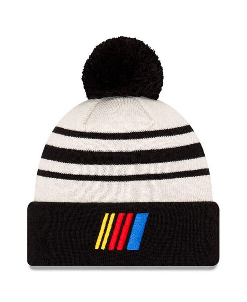 Men's Black, Cream NASCAR Bar Cuffed Pom Knit Beanie