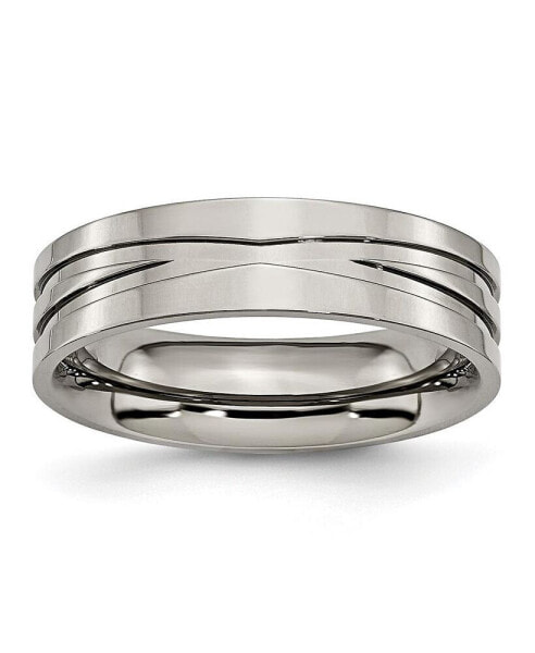 Titanium Polished X-Design Grooved Flat Wedding Band Ring