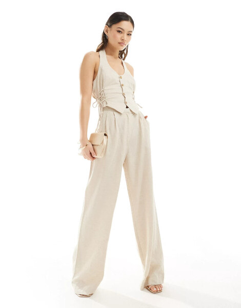 Rare London linen mix halterneck lace up side detail jumpsuit in beige