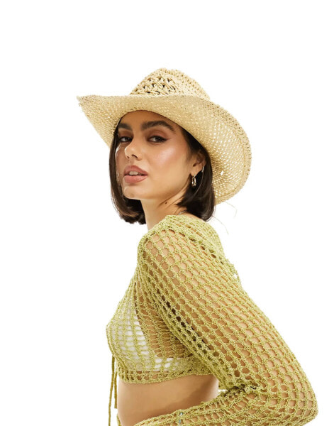 My Accessories adjustable straw cowboy hat with shell trim in beige