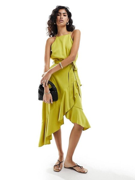 Style Cheat halterneck cami midi dress with tie waist lime