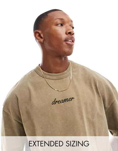 ASOS DESIGN oversized t-shirt in heavyweight 220gsm washed khaki with chest text print