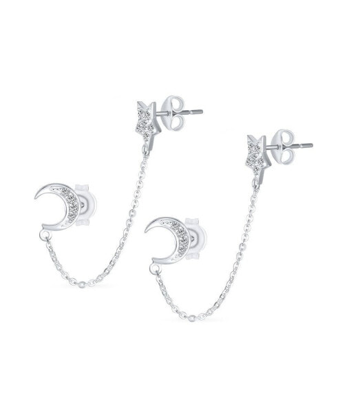 Celestial Crescent Moon Stars Double Pierced Cartilage Ear Lobe Helix Chain & Ball Ear Stud Earrings For Women Body Piercing .925 Sterling Silver