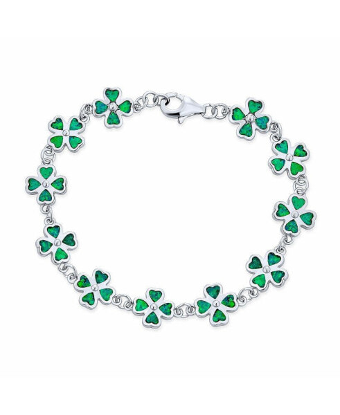 Created Synthetic Opal Inlay Green Shamrock Irish Lucky Clover Leaf Heart Shaped Link Charm Bracelet For Women Sterling Silver