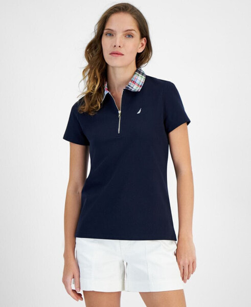 Women's Contrast-Collar Polo Short-Sleeve Top