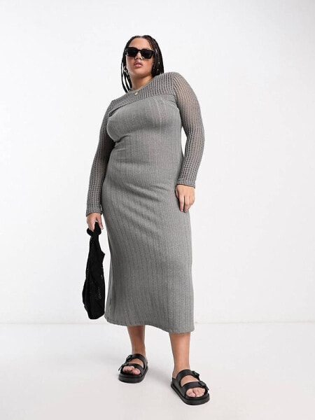 ASOS DESIGN Curve ribbed long sleeve midi dress with crochet insert in grey