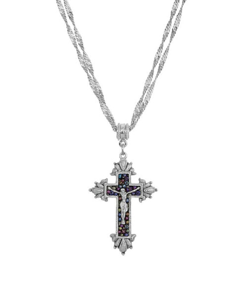 Pewter Crucifix with Purple Seeded Beads Necklace