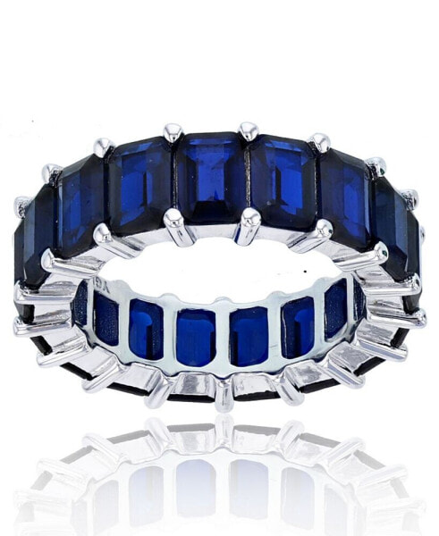 Lab Grown Blue Spinel Emerald Cut Eternity Band in Rhodium Plated Sterling Silver