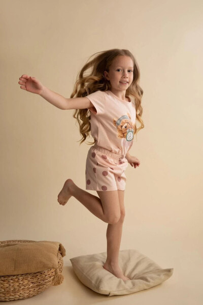 Kız Çocuk Regular Fit Ayıcık Baskılı Pamuklu Kısa Kollu Şort Pijama Takım