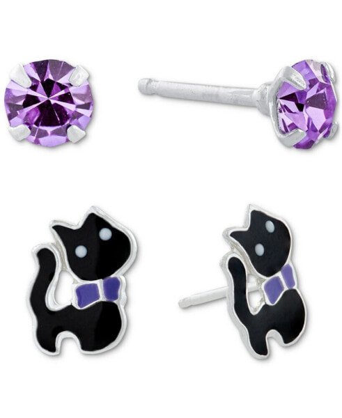 2-Pc. Set Crystal Solitaire & Enamel Cat Stud Earrings in Sterling Silver, Created for Macy's