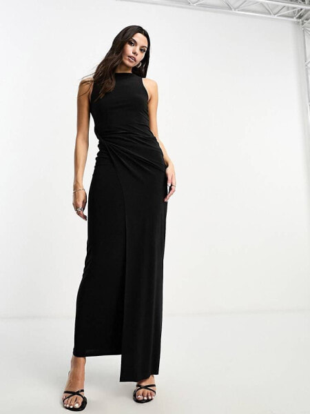 ASOS DESIGN slash neck drape detail maxi dress in black