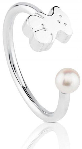Open silver ring with bear and real pearl 515915500