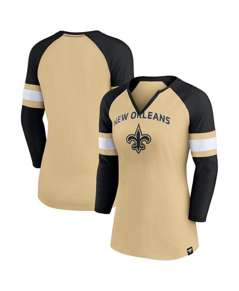 Women's Gold, Black New Orleans Saints Arch Raglan 3/4-Sleeve Notch Neck T-shirt