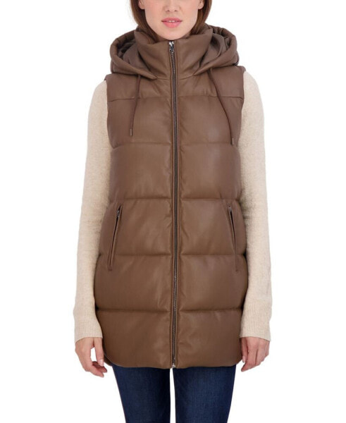 Women's Puffer Faux Leather Vest with Hood