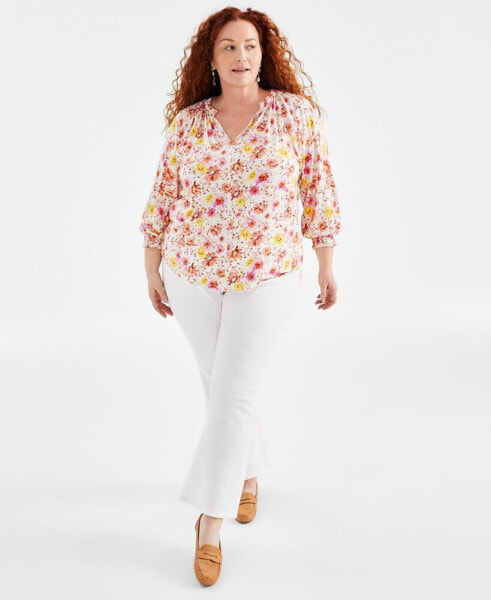 Plus Size Printed Gathered V-Neck Top, Created for Macy's