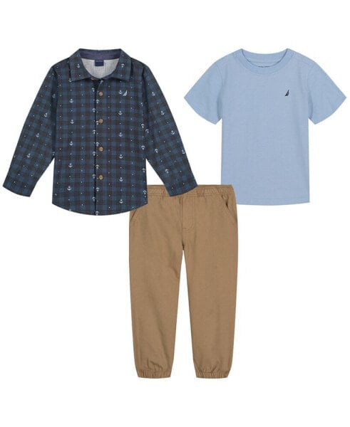 Костюм для малышей Nautica, long sleeves printed poplin shirt and twill joggers, комплект из 3 предметов.