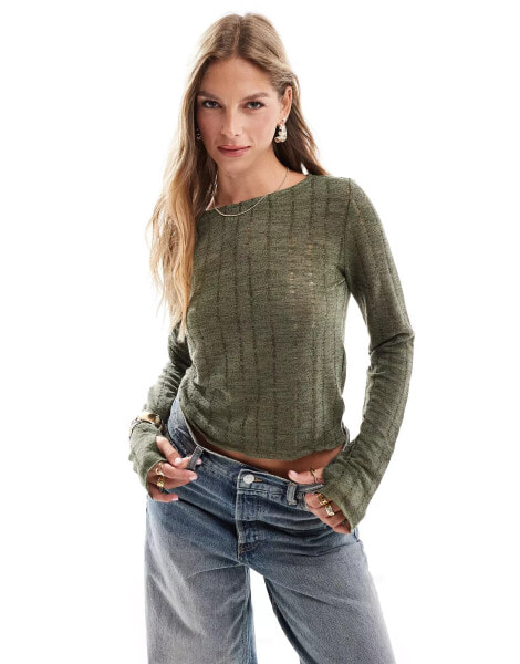 Brave Soul textured mesh long sleeve top in moss green