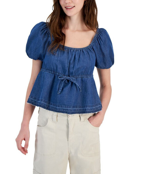 Juniors' Puff-Sleeve Denim Top