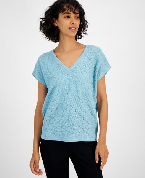 Women's V-Neck Pointelle Cap-Sleeve Sweater