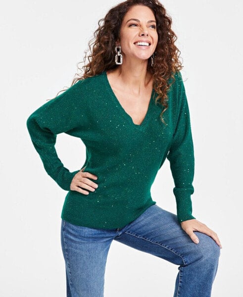 Women's Sequin-Shine V-Neck Sweater, Created for Macy's