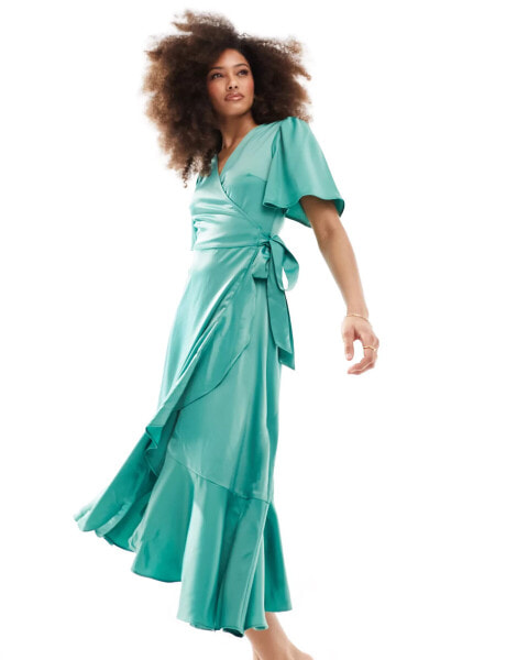 YAS Bridesmaid satin wrap midi dress in green - MGREEN