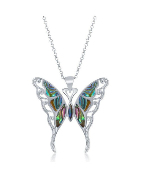 Sterling Silver Large Abalone Butterfly Pendant Necklace