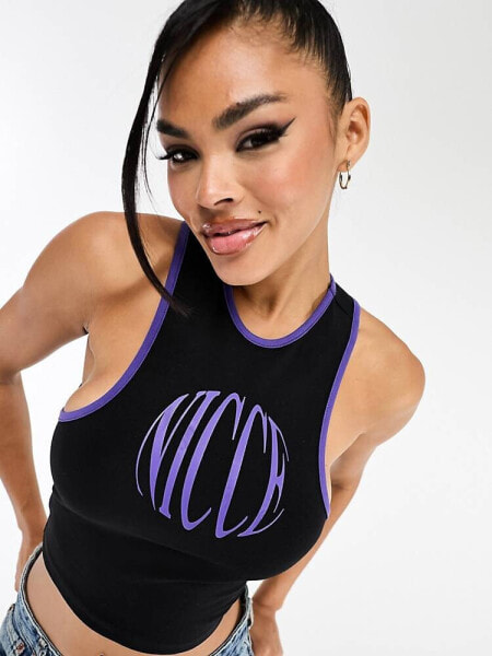 Nicce able cropped vest top in black with chest logo print