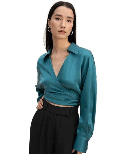 Pure Silk Blouse for Women Wrapover Cropped Shirt