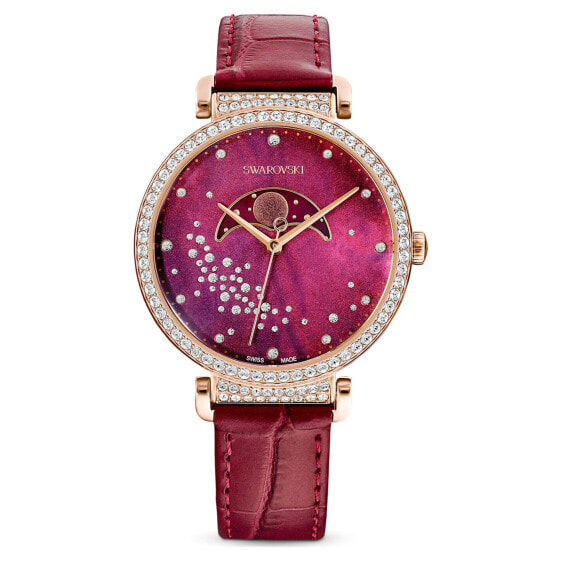 Swarovski Damen Armbanduhr Passage Moon Phase Uhr Schweizer Produktion, Mond, Lederarmband, Rot, Roségoldfarbenes Finish 5613323