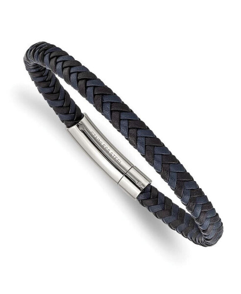 Stainless Steel Polished Black Blue Braided Leather Bracelet