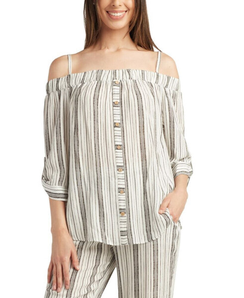 Juniors' Printed Off-The-Shoulder Elbow-Sleeve Top