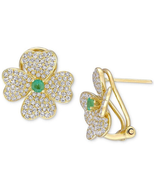 Emerald (1/5 ct. t.w.) & Diamond (1 ct. t.w.) Heart Clover Omega Back Earrings in 18k Gold