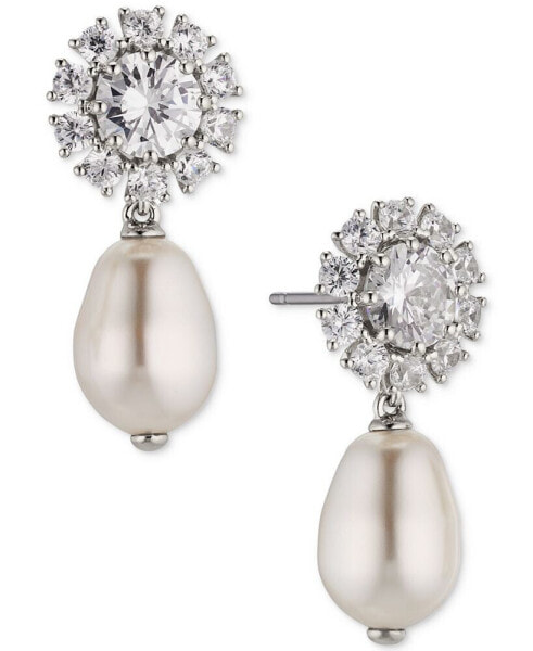 Rhodium-Plated Cubic Zirconia Flower & Imitation Pearl Drop Earrings, Created for Macy's