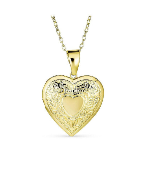 Engrave Initials Traditional Keepsake Puff carved Leaf Heart Shaped Photo Locket For Women Holds Photos Pictures 18K Gold Plated Necklace Pendant