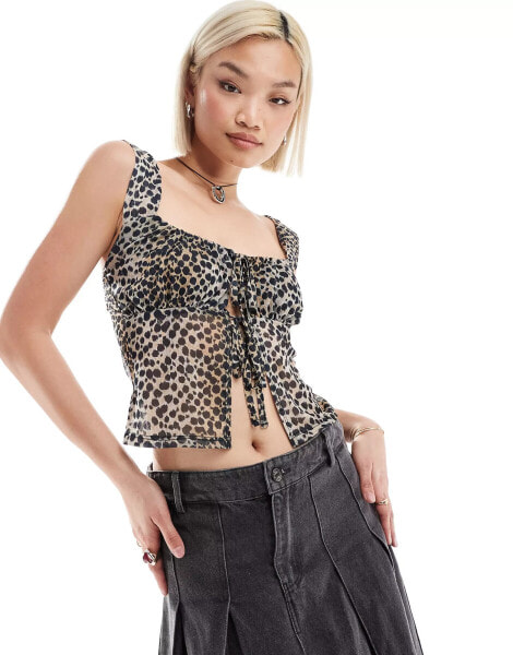 Reclaimed Vintage split front ruched top in leopard print