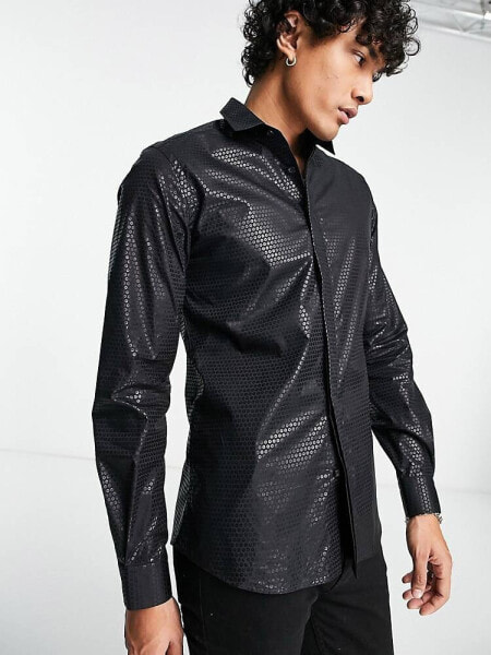 Twisted Tailor hester slim shirt in black sequin foil