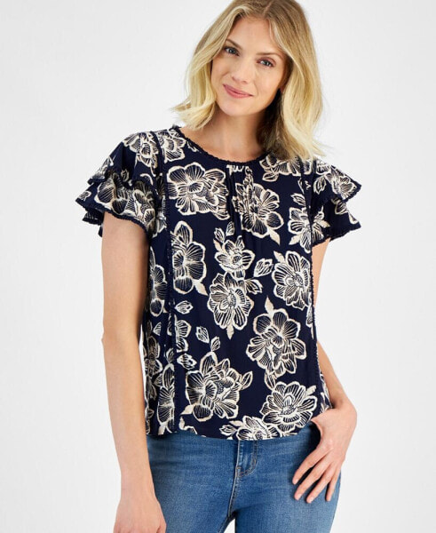 Women's Batik Rose Flutter-Sleeve Top