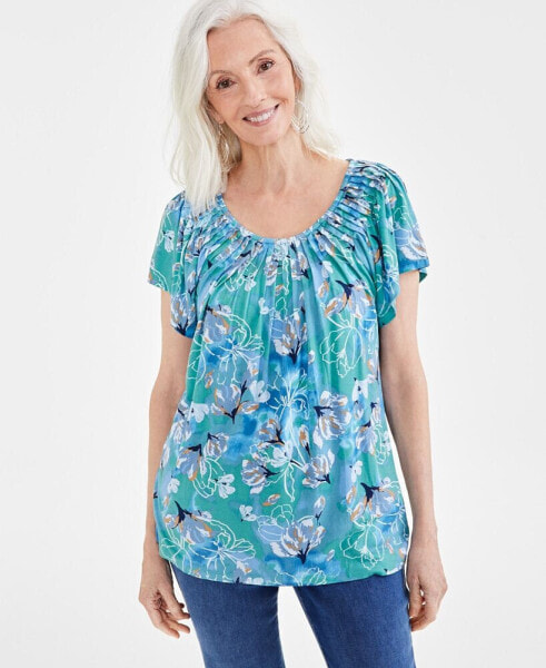 Petite Floral Pleat-Neck Knit Top, Created for Macy's