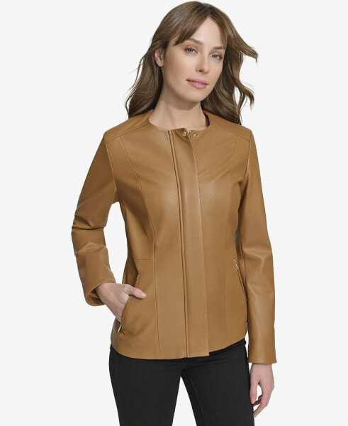 Women's Collarless Leather Jacket