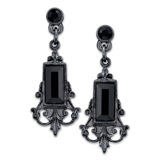 Black-Tone Black Rectangle Crystal Drop Earrings