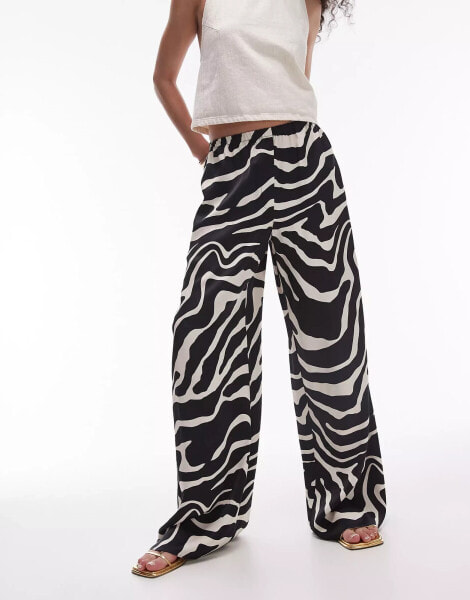 Topshop satin straight leg mono zebra print trouser in mono