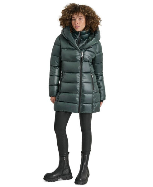 Women's Bibbed Shawl-Collar Packable Shine Puffer Coat