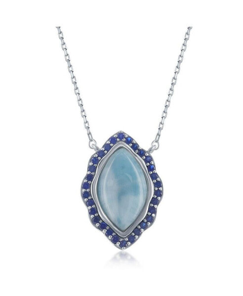 Sterling Silver Marquise Larimar with Sapphire CZ Border Necklace