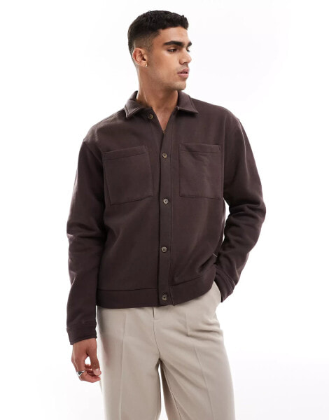 ASOS DESIGN oversized heavyweight button through jersey jacket with pocket detail in brown