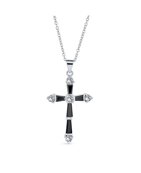 Religious Faith Hope Love CZ Accent Black Natural Onyx Cross Pendant Necklace For Women Silver Plated