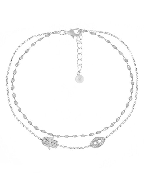 Double Row Cubic Zirconia Hamsa Hand and Evil Eye Anklet in Silver Plate